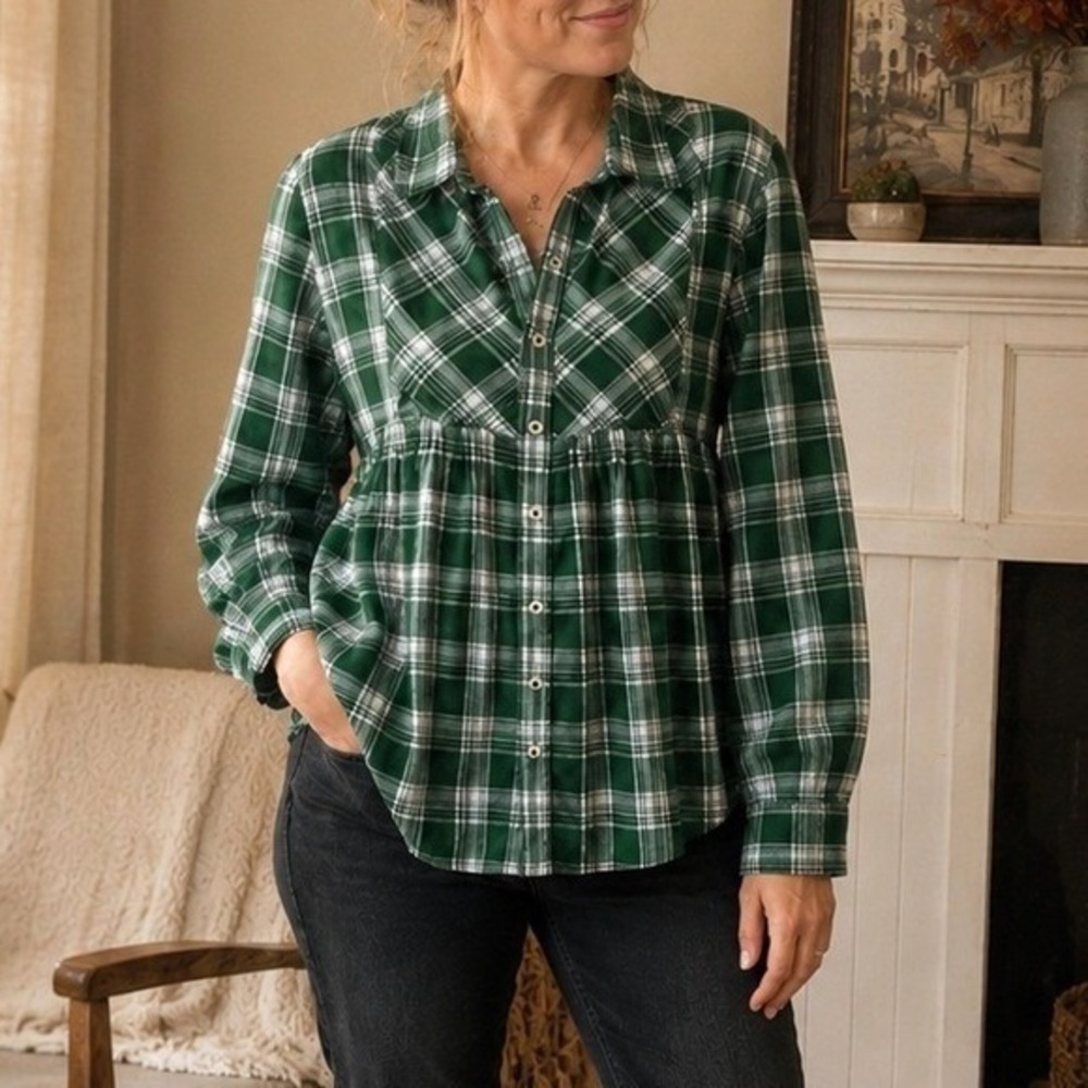 Green Plaid Button Up‎ Blouse Small Fall Cottagecore Preppy Prairie Top